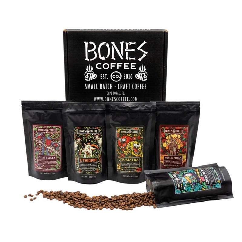 Bones Coffee Company NEW World Tour Sample Pack, Single-Origin Flavored Coffee Medium Roast Arabica Beans Specialty Coffee Gifts Compatible Auto Drip and French Press, 4 oz Pack of 5 Whole Bean - Image 1